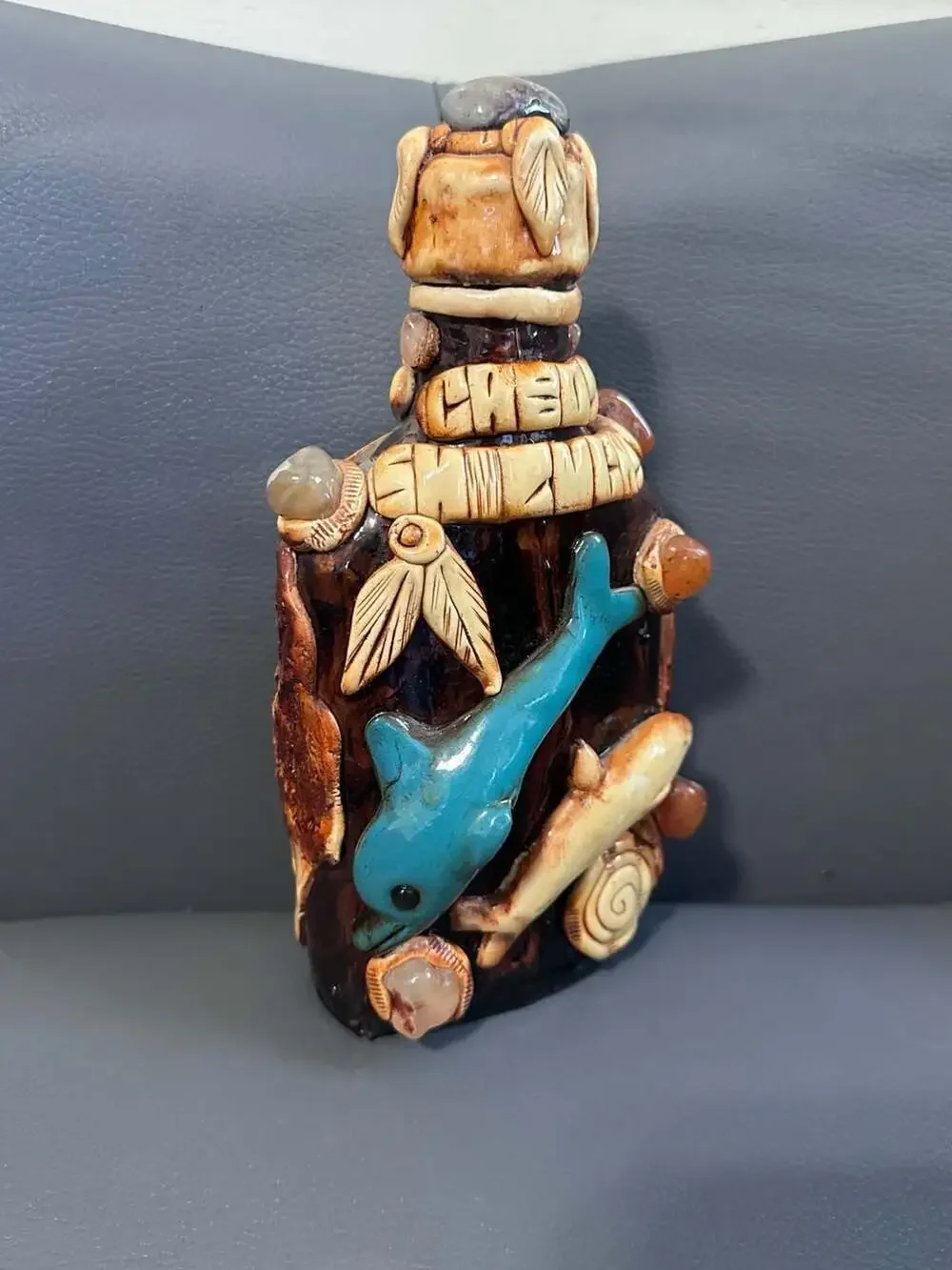 Handmade Mexican Aztec/Mayan Style Folk Art Decanter Bottle Dolphin Gem Accents